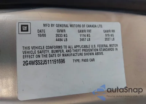 2001 Buick Century Custom from USA, damaged, VIN 2G4WS52J511191696